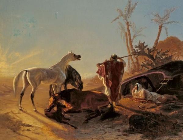 Theodor Horschelt Rastendes Beduinenpaar mit Araberpferden Germany oil painting art